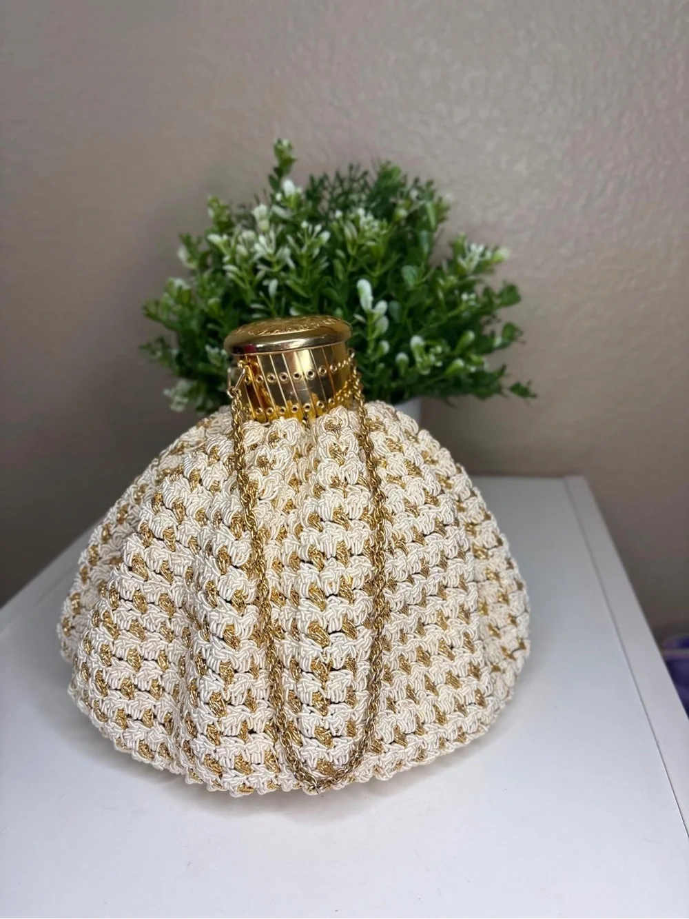 Vintage Made in Germany Gold White Cord Cage Top Handle Evening Bag